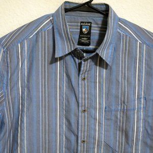 Kuhl Shirt Mens Large Short Sleeve Metal Buttons Suncel Gray Blue Stripes